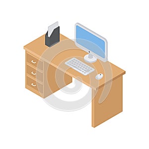 Home office workplace with computer monitor, keyboard, mouse paper document folder isometric vector