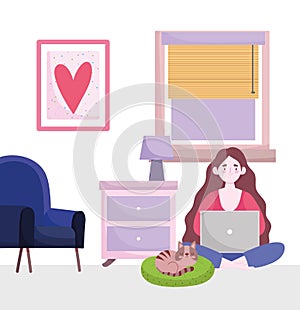 Home office workspace, cartoon character working with laptop in room with chair lamp and cat