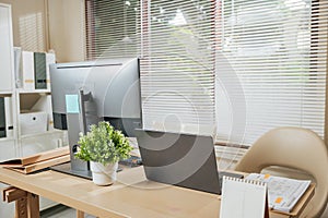 Home office workspace with computer laptop desk for business remote work study