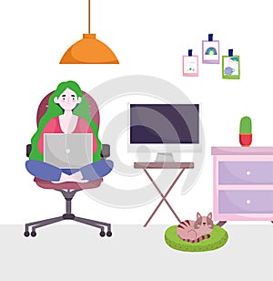 Home office workspace, girl with laptop computer in table lamp stickers and cat in room