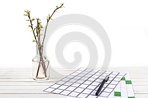 Home office workspace mockup with notebook, pen, plant potted and accessories on white wood desk background