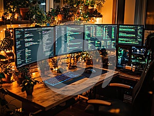 Home office workspace with multiple monitors and plants. Coding in progress