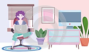 Home office workspace, woman using laptop sitting on chair, room computer table plants and window