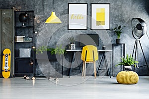 Home office with yellow skateboard