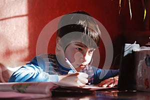 Home online training, a boy using a mobile phone and headphones is engaged in English speaking