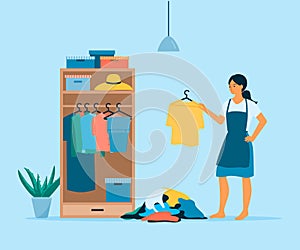 Home organization concept. Flat vector illustration of woman cleaning her wardrobe.