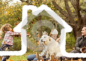 Home outline with family having fun in background