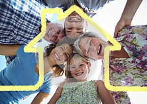 Home outline with multi generation family standing in background