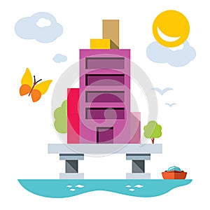 Home over water with yacht. Vector Flat style colorful