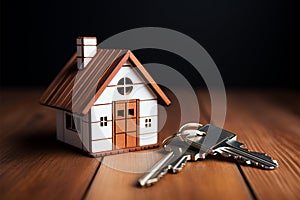 Home ownership Wooden background featuring a house key with keychain