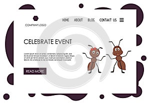 Home page Valentine`s Day template with cute ants. Cartoon style. Vector illustration.