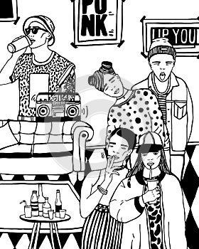 Home party with dancing, drinking young people, music. hand drawn black and white illustration.