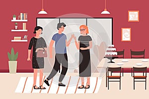 Home party meeting flat vector illustration, cartoon friend people having fun together and meeting