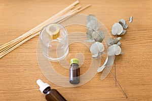 Aroma reed diffuser, essential oil and eucalyptus photo