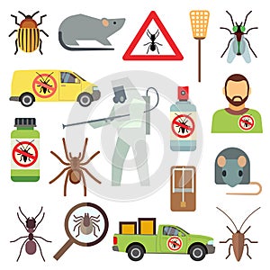 Home pest control service flat vector icons set