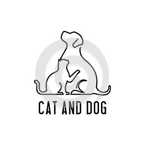 Home pets, minimalist monoline lineart outline dog cat icon logo template vector illustration, Modern kitten and puppy label for V