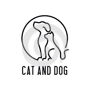 Home pets, minimalist monoline lineart outline dog cat icon logo template vector illustration, Modern kitten and puppy label for V