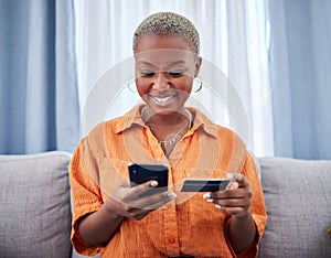 Home, phone or happy black woman with credit card or phone on payment on internet website or fintech. Online shopping