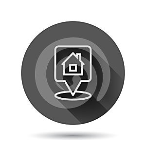 Home pin icon in flat style. House navigation vector illustration on black round background with long shadow effect. Locate