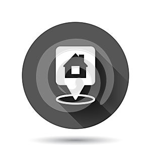 Home pin icon in flat style. House navigation vector illustration on black round background with long shadow effect. Locate