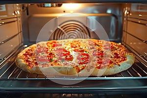 Home pizza reheating placing in oven for deliciously warmed slices photo