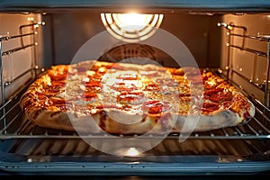 Home pizza reheating placing in oven for deliciously warmed slices photo