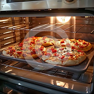 Home pizza reheating placing in oven for deliciously warmed slices photo