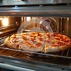 Home pizza reheating placing in oven for deliciously warmed slices photo