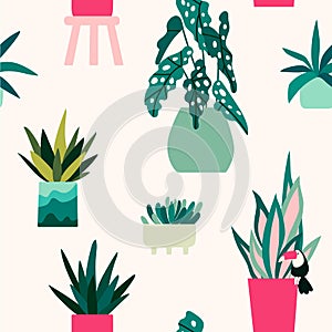 Home plants vector pattern. Natural colors print. Boho style. Seamless background