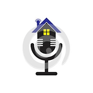 Home podcast radio logo with microfone illustration