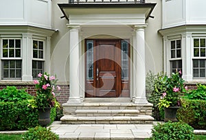 home with portico entrance surrounded by flowers and shrubs