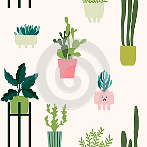 Home potted plants vector pattern. Natural colors print. Boho style. Seamless background