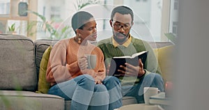 Home, prayer or black couple reading a book together in a Christian home in retirement for hope or faith. Jesus, man or