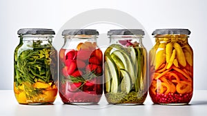 Home preservation, canning for the winter. 4 glass jars with canned vegetables cucumbers, pepper, beets, green peas
