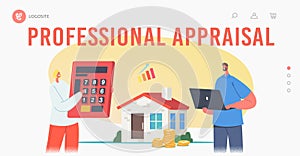 Home Professional Appraisal Landing Page Template. Tiny Appraisers Agents Characters Holding Huge Calculator and Laptop