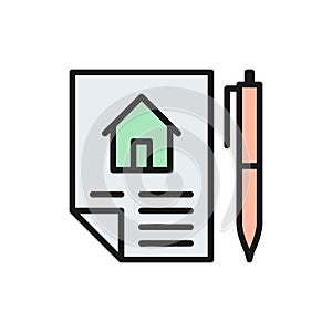 Home purchase contract, sale of real estate, lease flat color line icon.