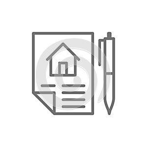 Home purchase contract, sale of real estate, lease line icon.