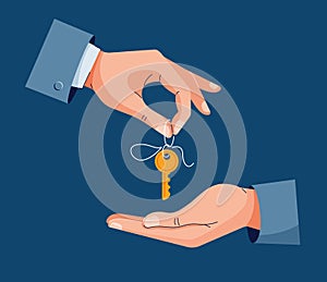 Home purchase deal vector illustration. Male hand giving house keys for property buying. Deal sale, property purchase