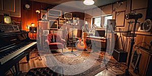 Home recording studio with various instruments microphones and mixing equipment, concept of Music production, created