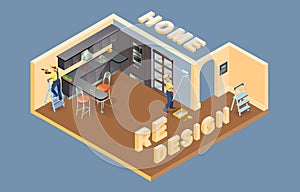 Home redesign. Isometric. Worker is laying parquet. Interior. Vector.