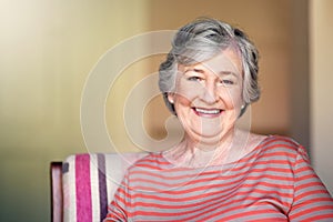 Home, relax and portrait of a senior woman with a smile for retirement and old people happiness. Happy, relaxing and an