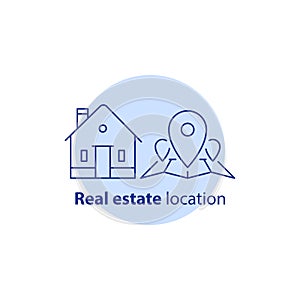 Home relocation, residential district location, map pinpoint, real estate services, neighborhood concept, vector icon