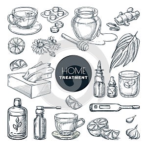 Home remedies treatment for colds, coughs. Vector hand drawn sketch illustration. Healthcare herbal therapy icons