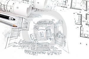 home renovation concept with architect blueprints and hand-drawn sketch