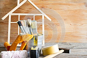 Home renovation construction abstract background with tools on wooden boards diy still life