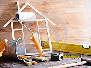 Home renovation construction abstract background with tools on wooden boards diy still life