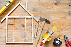 Home renovation construction diy abstract background with tools on wooden board