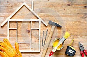 Home renovation construction diy abstract background with tools on wooden board photo