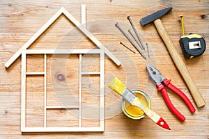 Home renovation construction diy abstract background with tools on wooden board