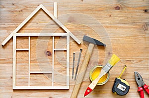 Home renovation construction diy abstract background with tools on wooden board photo